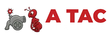 A Tac Exterminators pest control company logo with red ant mascot and exterminator sprayer